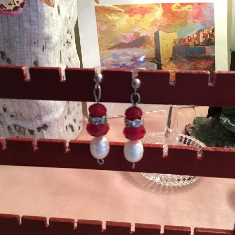 Red Ruby Quartz with Pearl   Post & Clutch Earrings